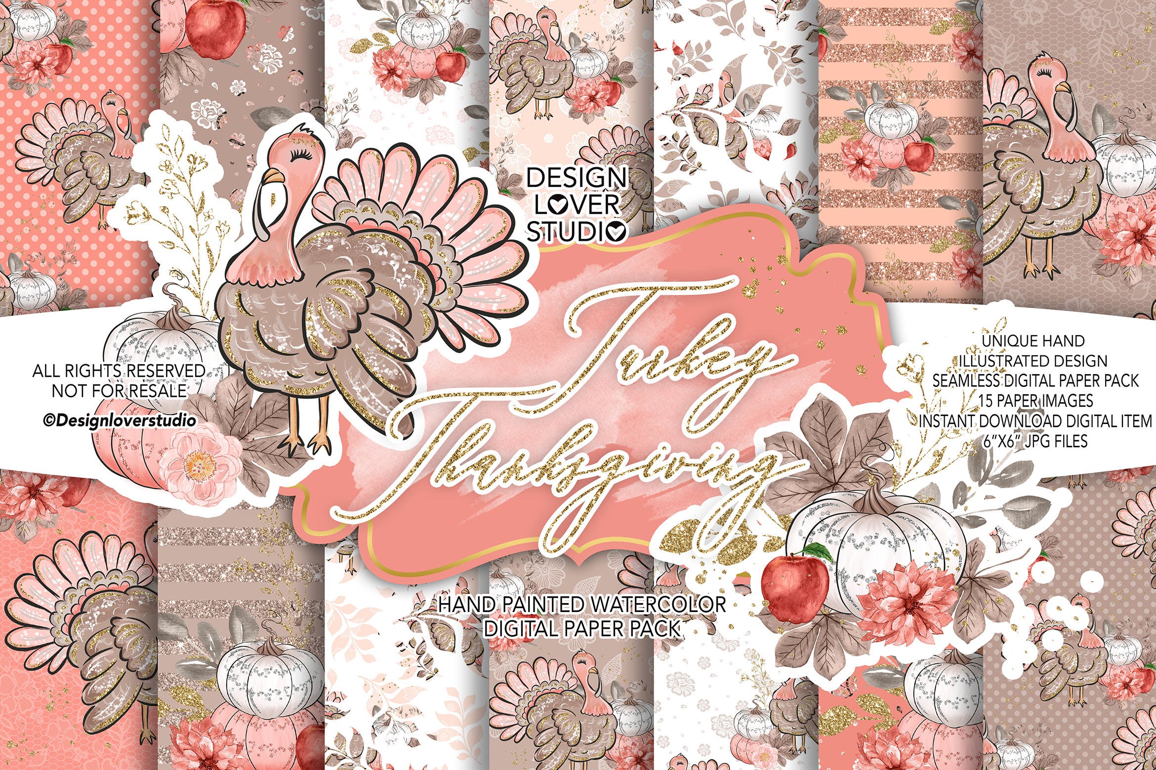 感恩节主题火鸡手绘图案数码纸张素材 Turkey Thanksgiving digital paper pack插图