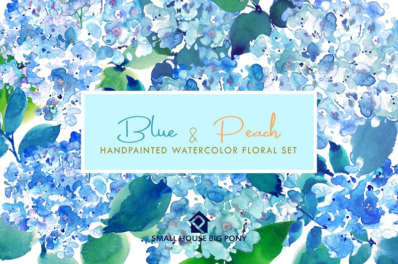 蓝色和桃色-水彩花卉元素套装 Blue & Peach- Watercolor Floral Set插图8