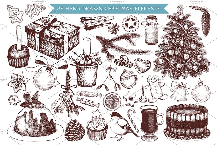 复古圣诞节装饰元素插画套装 Vintage Christmas Illustrations Set插图(1)