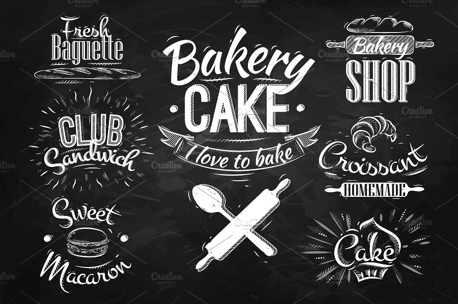 复古手绘面包店烘焙符号设计插画 Bakery characters retro插图(2)