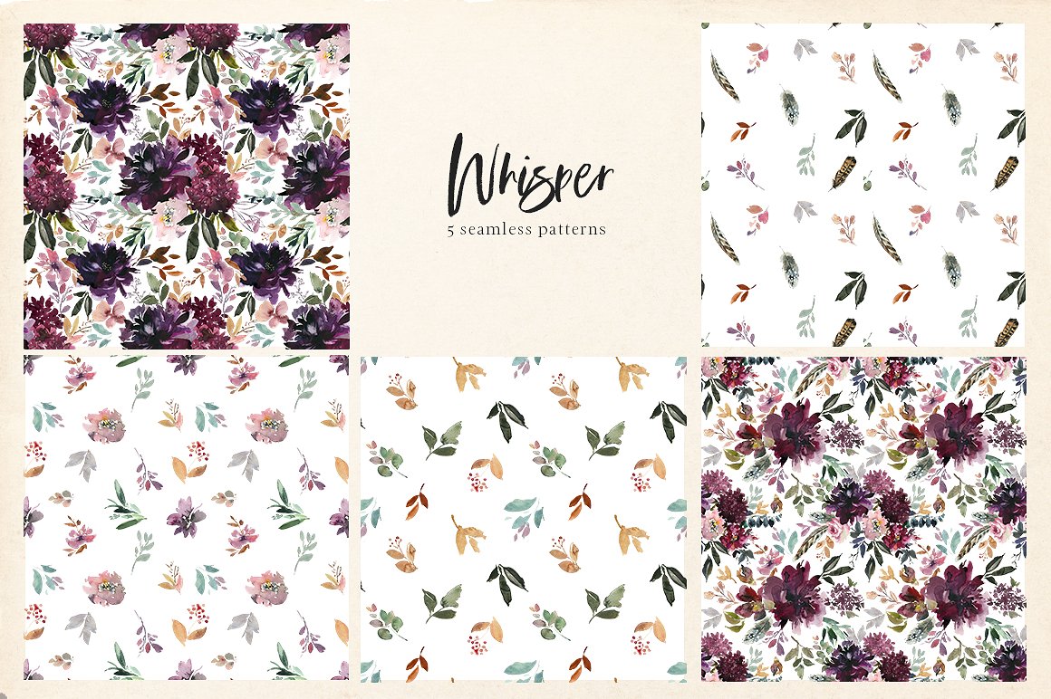 浪漫暗色调水彩花卉剪贴画 Whisper Watercolor Floral Clipart插图(7)