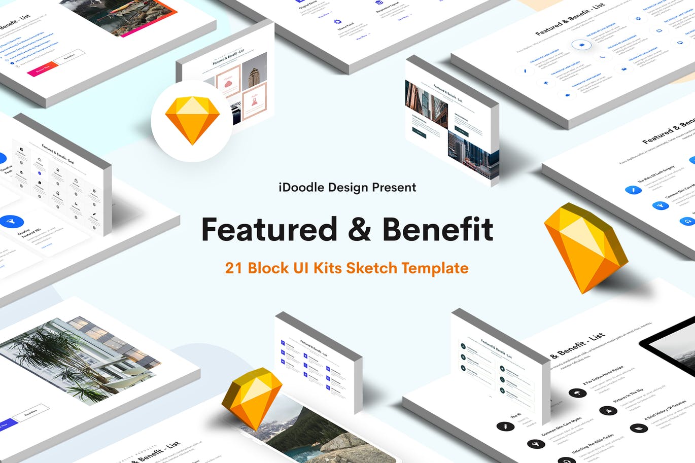 企业网站产品/服务特色板块UI设计模板 Featured & Benefit Sketch Block UI Kits Website插图