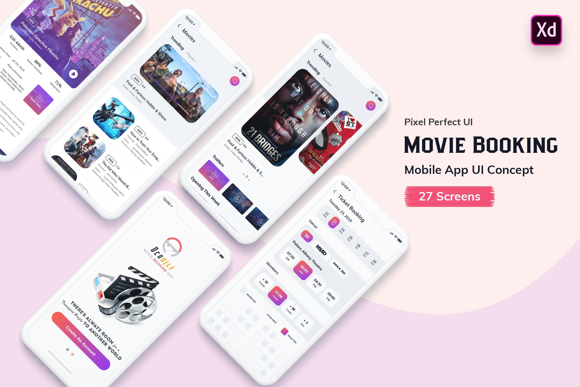 电影在线选座订票APP应用UI设计XD模板[日间模式版本] Ocodile-Movie Booking MobileApp UI Kit Light (XD)插图