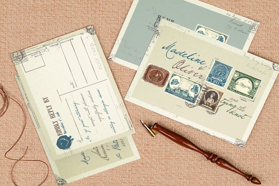 复古邮票主题风婚礼邀请函设计模板 Vintage Stamp Wedding Suite插图(3)
