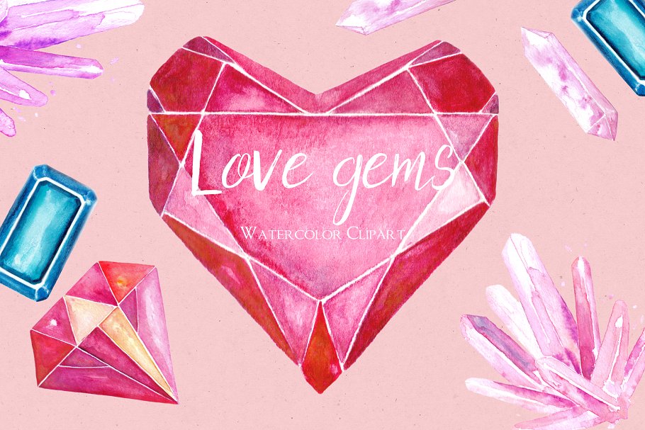 浪漫柔嫩水彩宝石剪贴画 Valentine’s clipart. Hearts gems.插图(3)