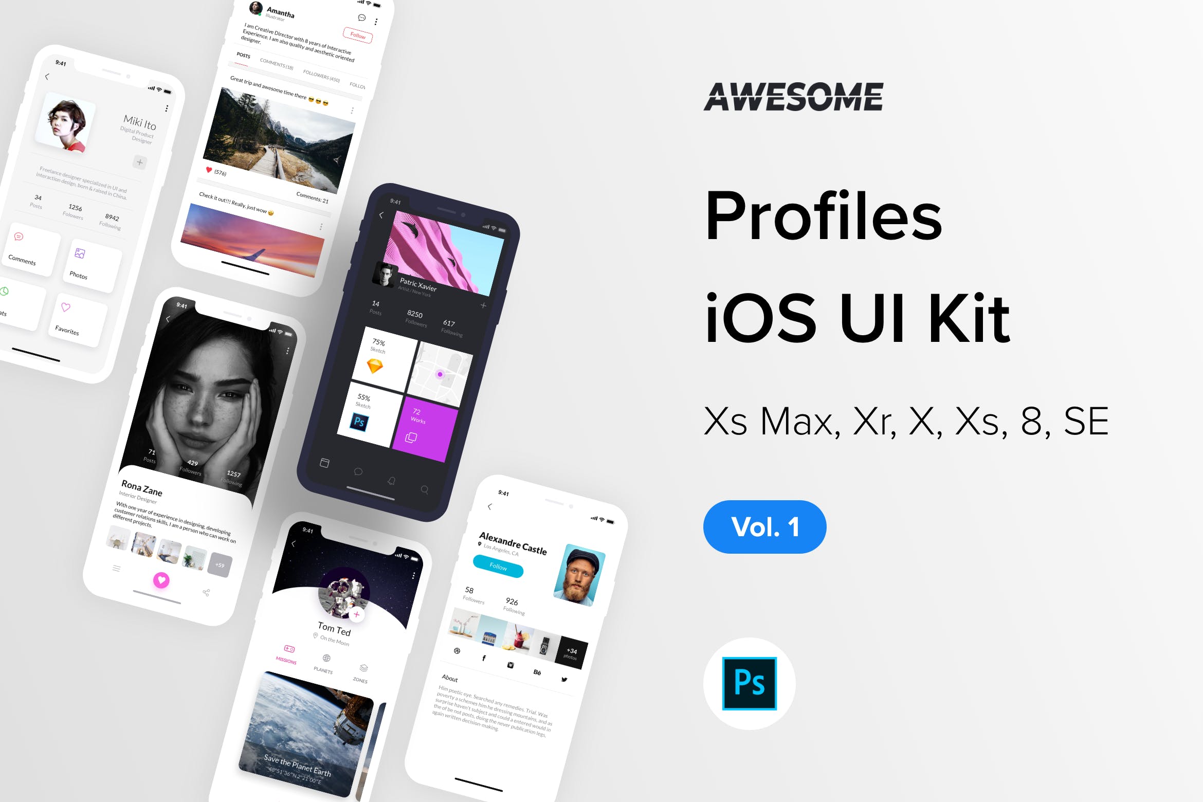 iOS平台职场社交APP应用个人中心界面设计UI套件PSD模板v1 Awesome iOS UI Kit – Profiles Vol. 1 (Photoshop)插图