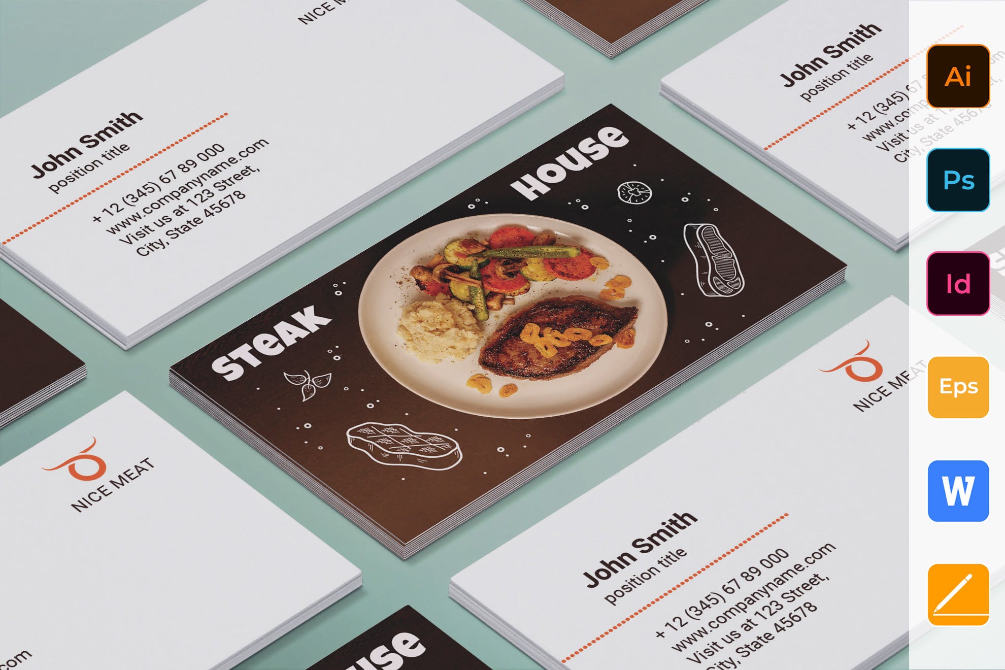 牛排西餐厅职员名片设计模板 Steak House Business Card插图