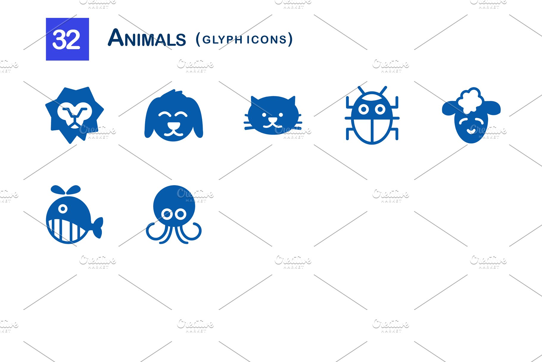 32个可爱单色动物轮廓图标 32 Animals Glyph Icons插图(2)