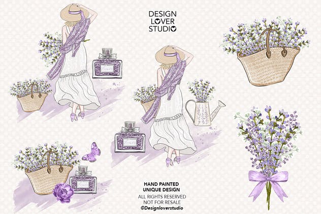紫色薰衣草女孩水彩剪贴画设计素材 Lavender Girl design插图1