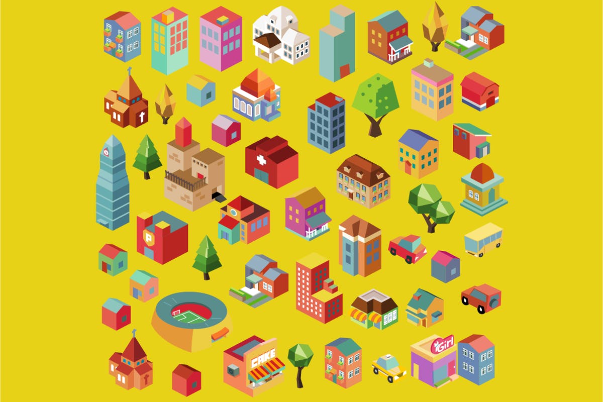 多彩等距城市场景矢量插画v5 Colorful vector isometric city插图