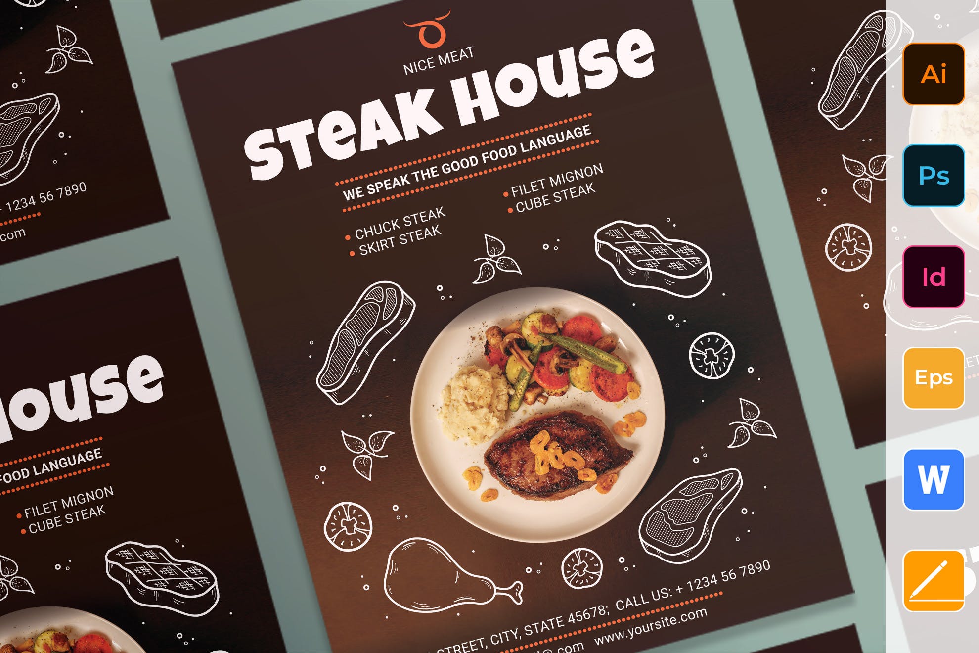 牛排西餐厅宣传海报设计模板 Steak House Poster插图