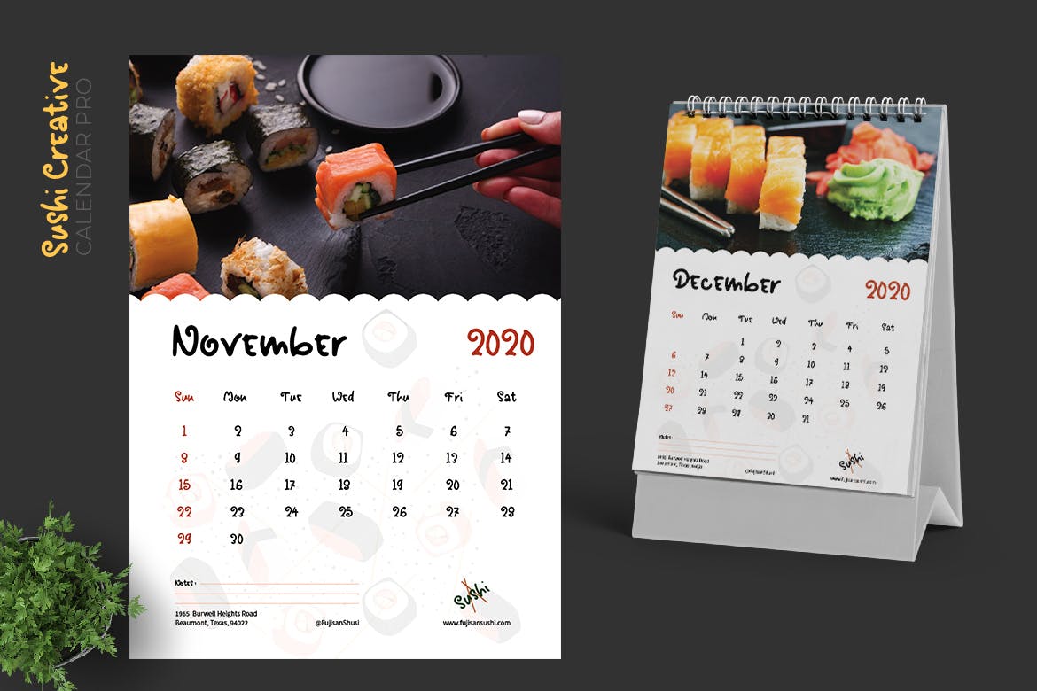 寿司日式料理店定制设计2020年日历表设计模板 2020 Sushi Asian Resto Creative Calendar Pro插图6