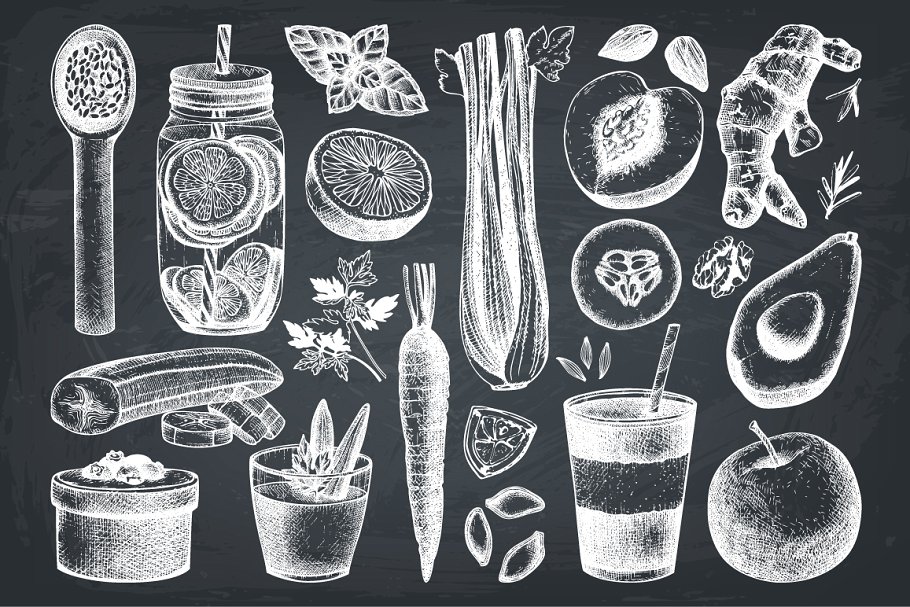 复古风格健康食品及饮料成分插画 Vegetarian Food Ingredients Set插图(2)