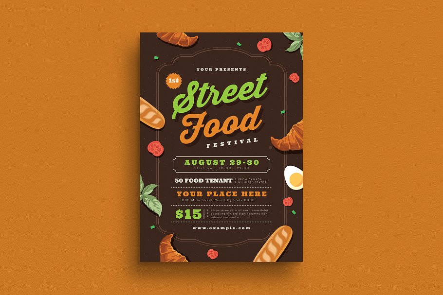 快餐食品外卖宣传单设计素材 Street Food Festival Flyer插图