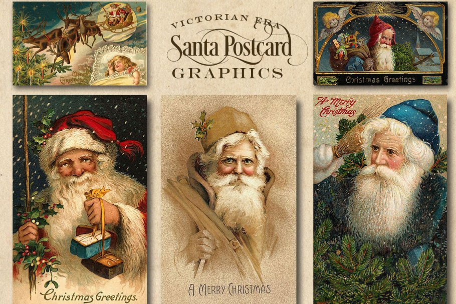 复古维多利亚时代圣诞老人插画素材 Vintage Victorian Santa Graphics插图
