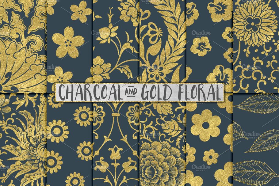 高贵奢华灰色和金色花卉背景 Gray and Gold Floral Backgrounds插图