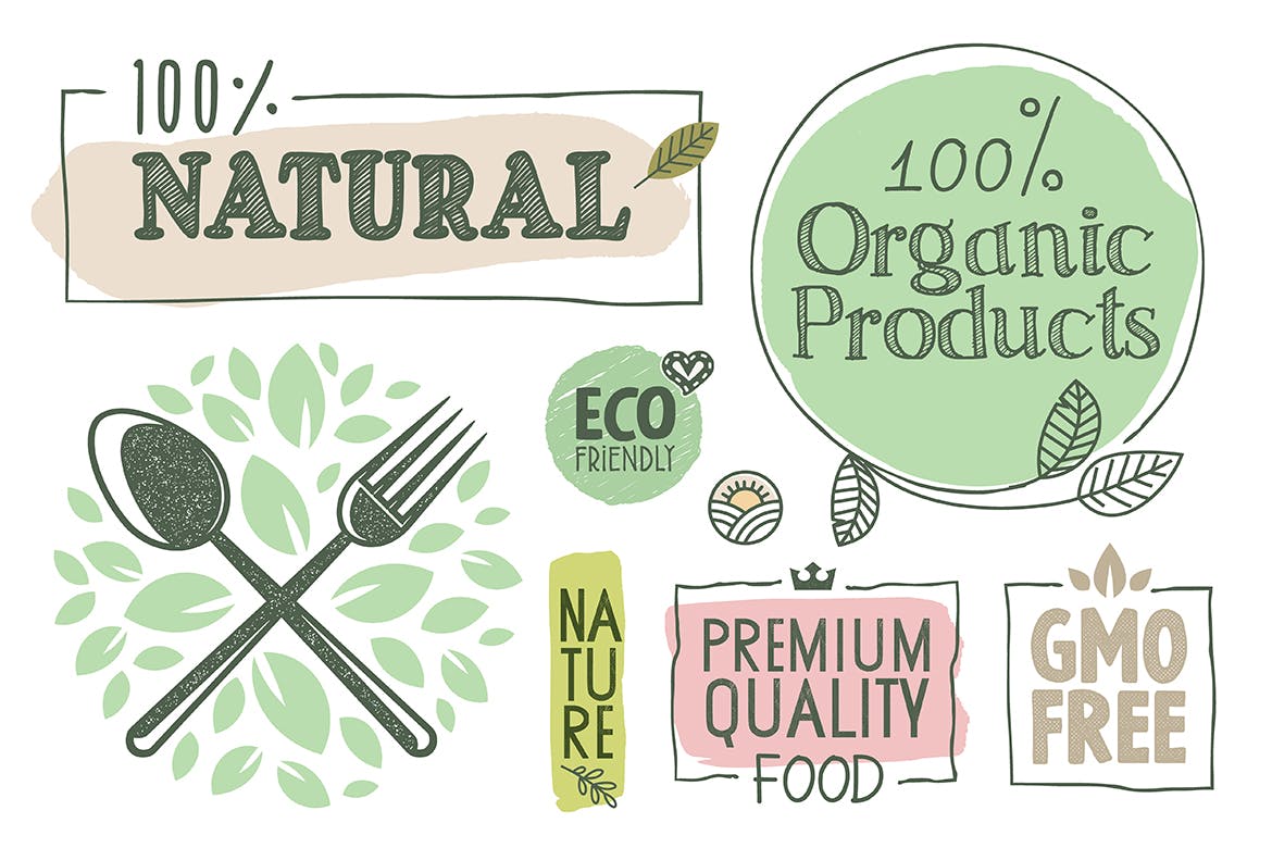 有机食品标志/标签/徽章设计模板素材 Organic Food Labels and Badges Collection插图
