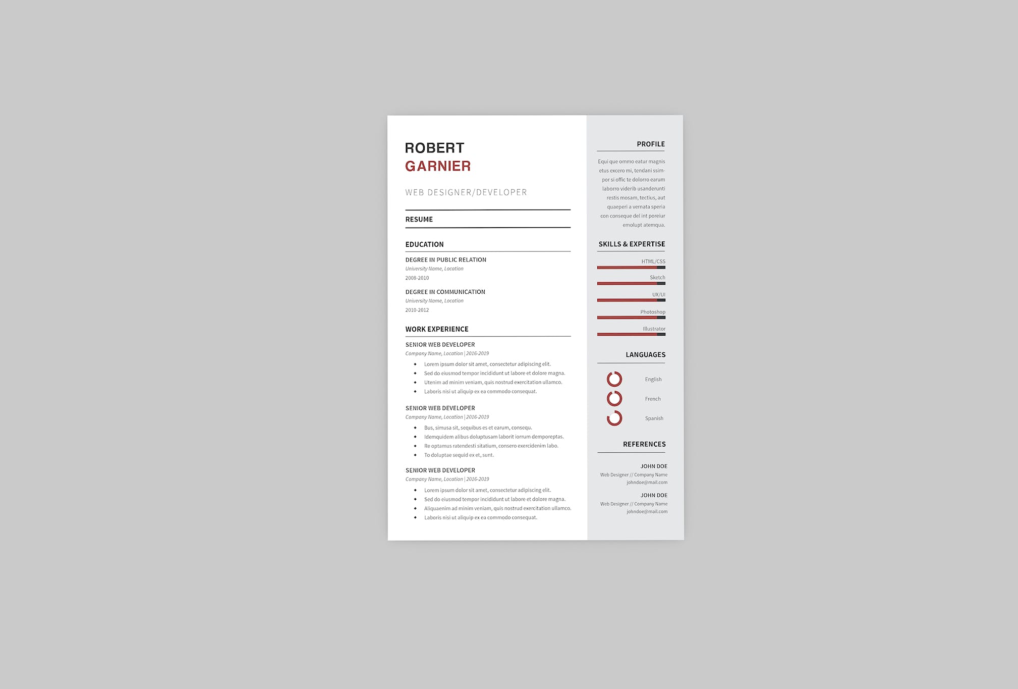 极简设计风格网站设计开发职位应聘简历设计模板 Robert Developer Resume Designer插图(2)