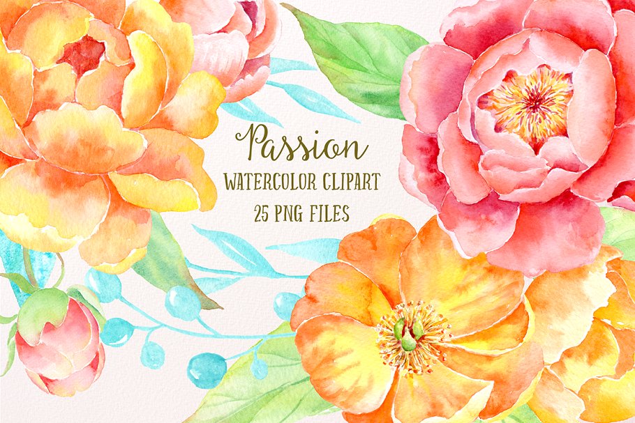 激情水彩牡丹插画艺术合集 Watercolor Clipart Peony Passion插图(1)