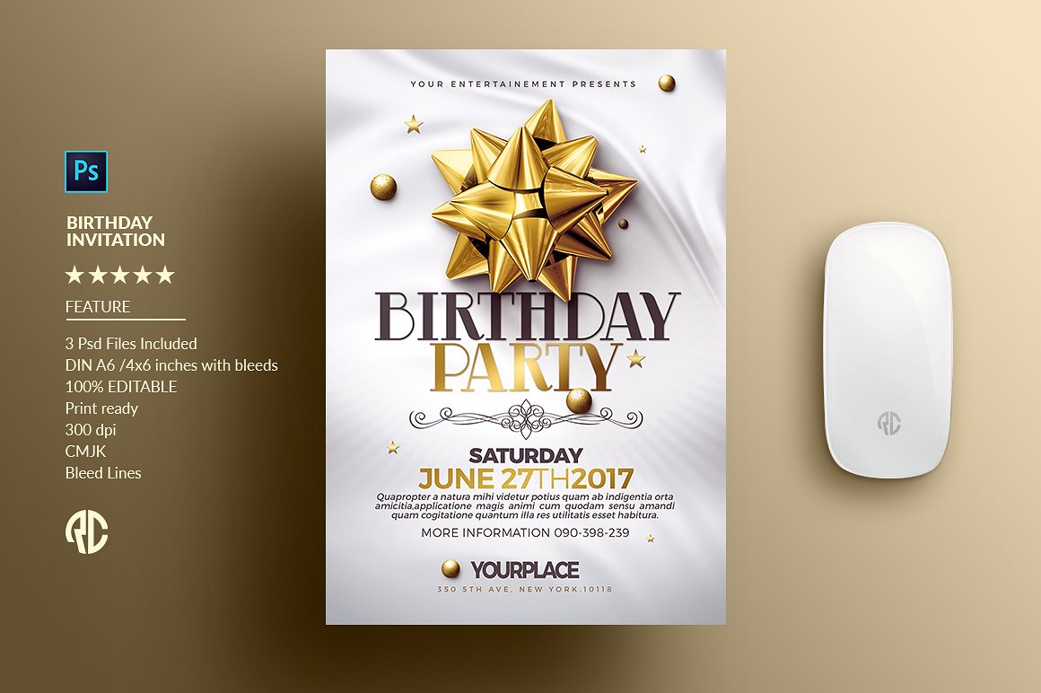 生日派对邀请函 PSD 模板 Birthday Invitation 3 Psd Template插图3