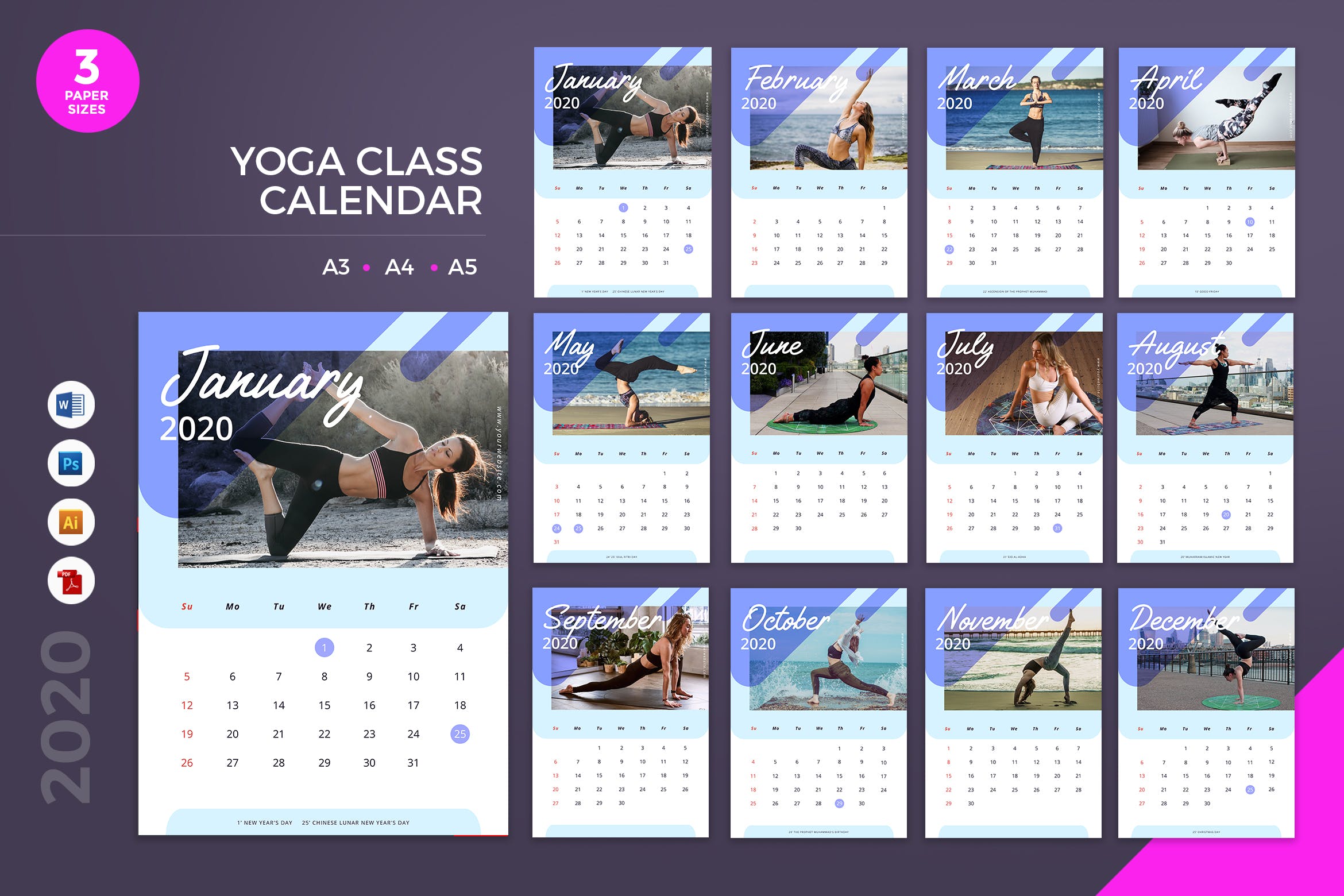 瑜伽馆定制2020年新年日历表设计模板 Yoga Class Calendar 2020 Calendar – AI, DOC, PSD插图