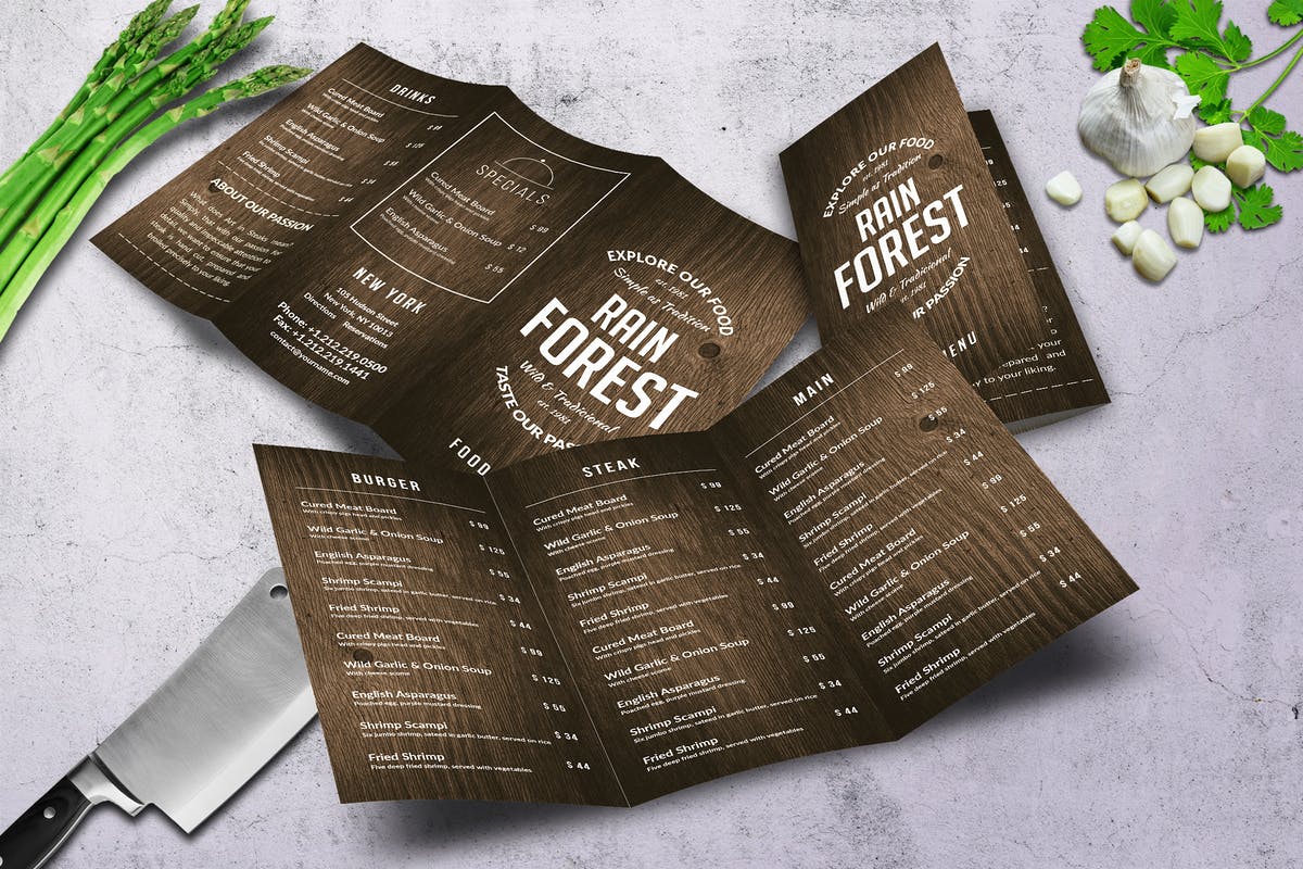 复古木纹三折页食物菜单设计模板 Rain Forest Trifold A4 & US Letter Menu插图