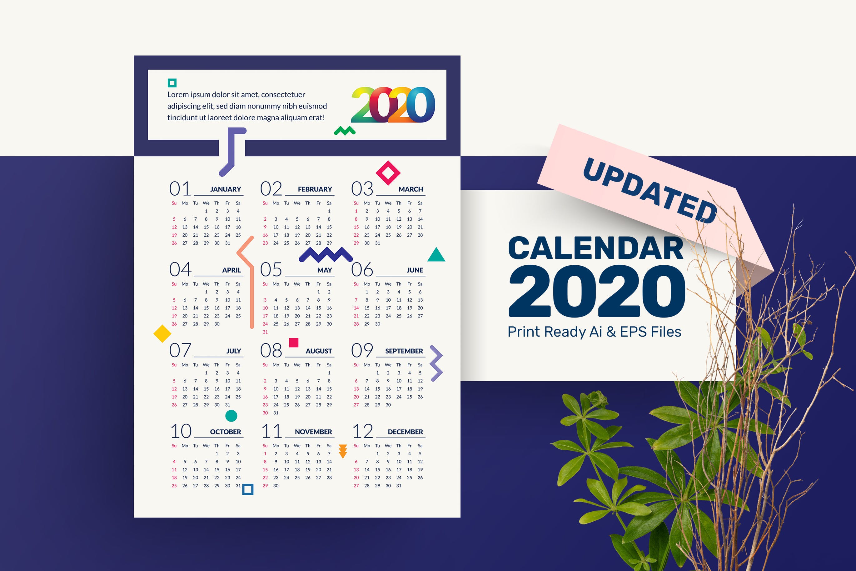 抽象几何设计风格2020年单页日历表设计模板 Geometric Calendar 2020插图