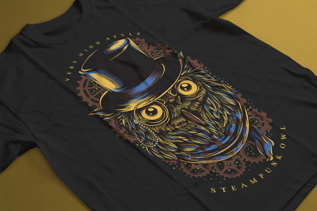 蒸汽朋克猫头鹰手绘T恤印花设计 Steampunk Owl插图