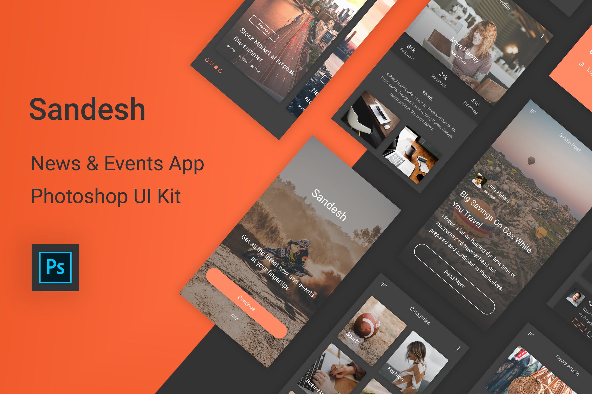 新闻资讯类APP应用UI设计套件PSD模板 Sandesh – News & Events Photoshop UI Kit插图
