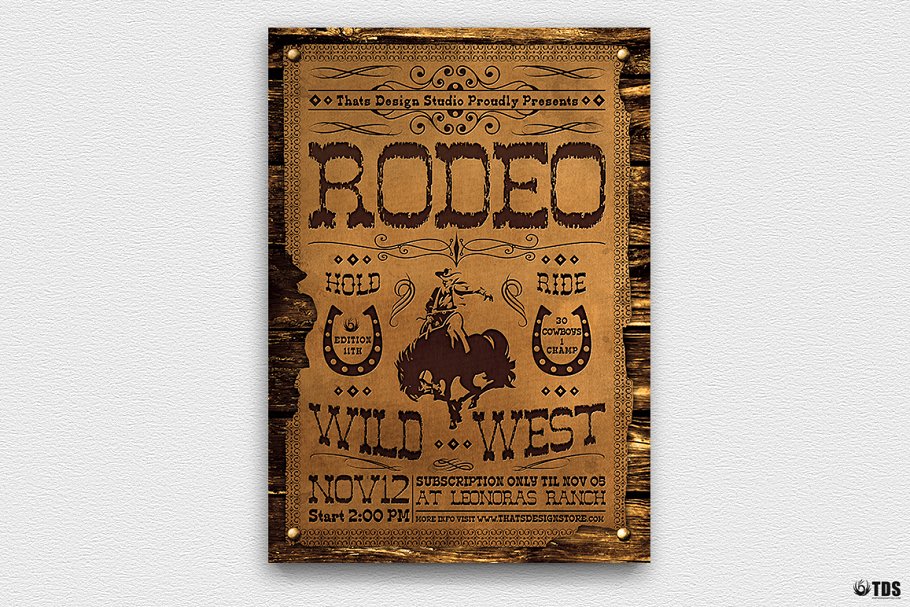 马戏团杂技活动海报宣传PSD模板V.2 Western Rodeo Flyer PSD V2插图(1)