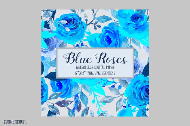 蓝玫瑰水彩花卉无缝图案合集 Watercolor Pattern Blue Rose插图(3)