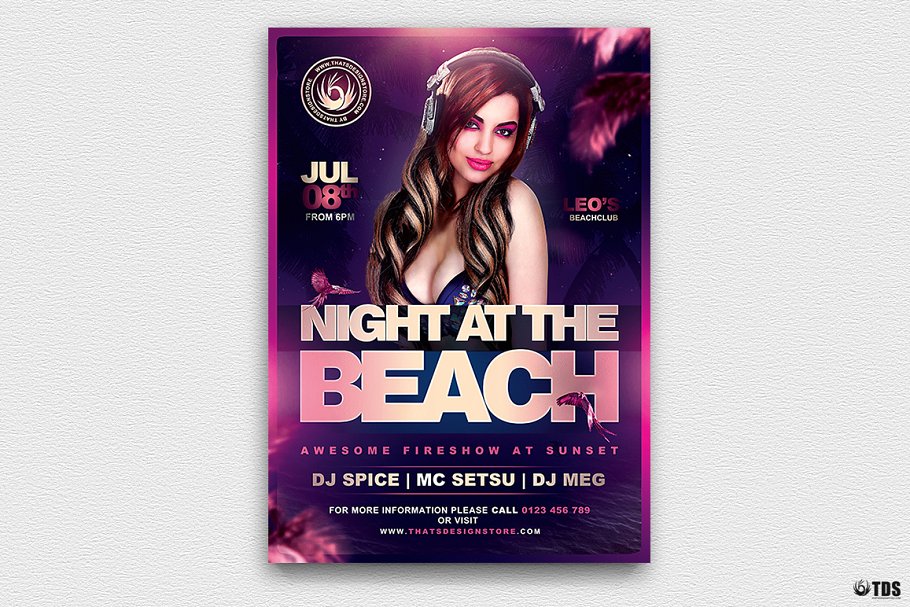 夜店俱乐部派对宣传海报PSD模板V2 Night at the Beach Flyer PSD V2插图(1)