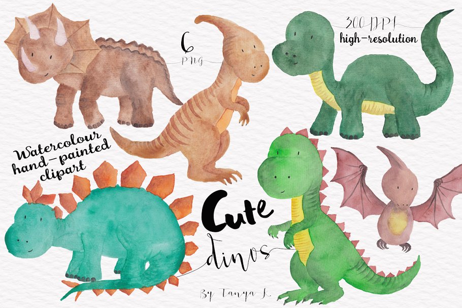 可爱的恐龙水彩剪贴画 Dinosaur Watercolour Set插图