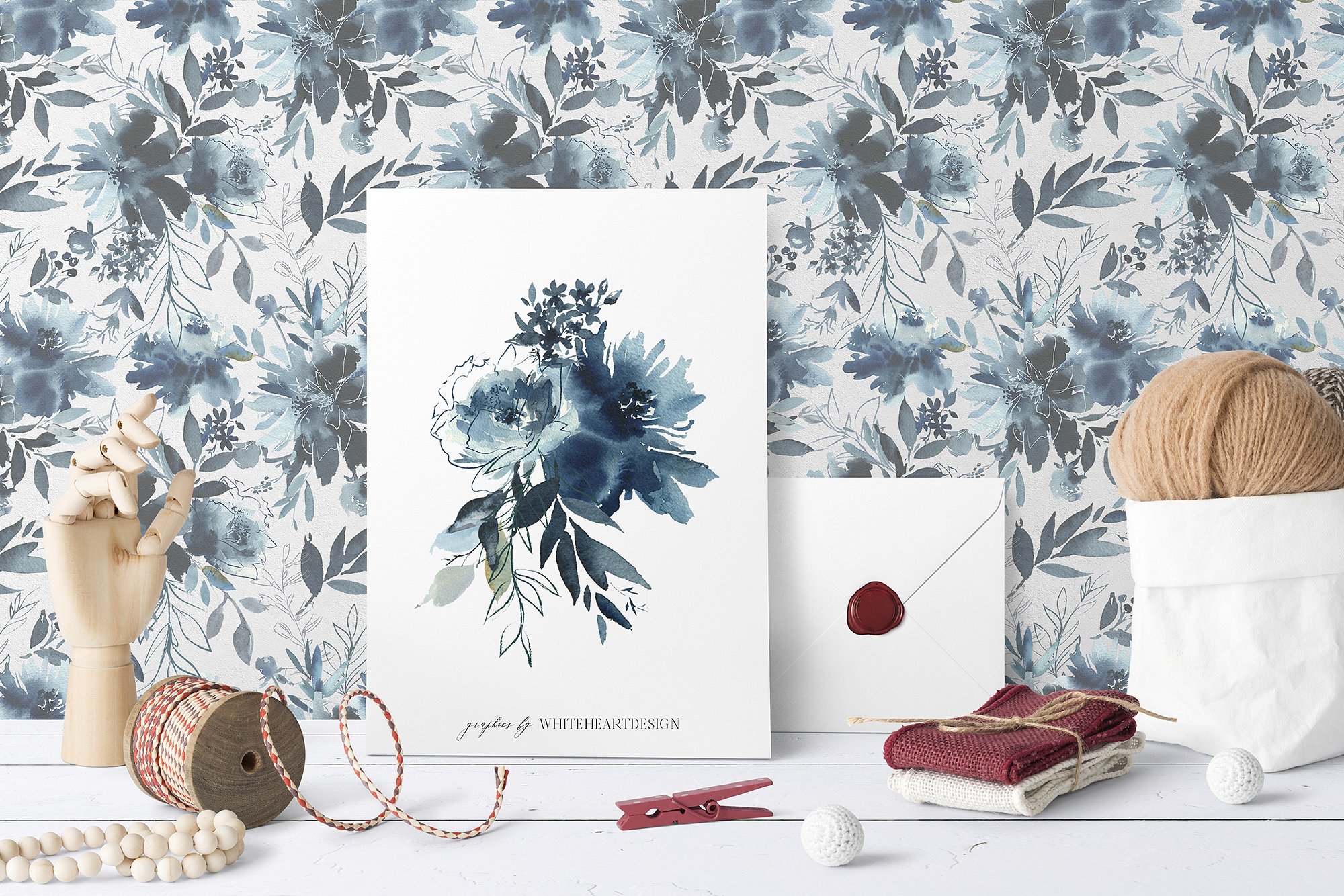 靛蓝牡丹花水彩花卉剪贴画 Indigo Peony Watercolor Floral Set插图(2)