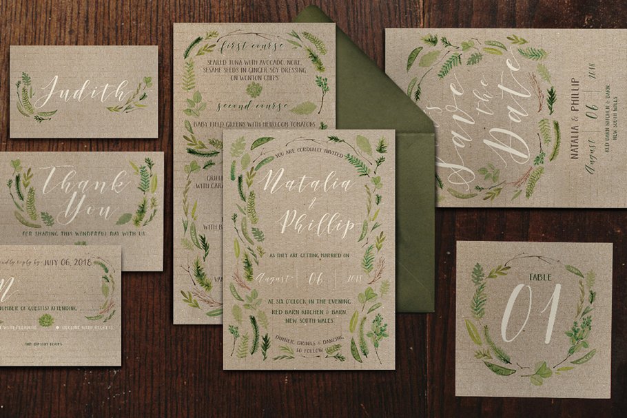 水彩叶子婚礼设计物料模板套装 Watercolor Foliage Wedding Suite插图4