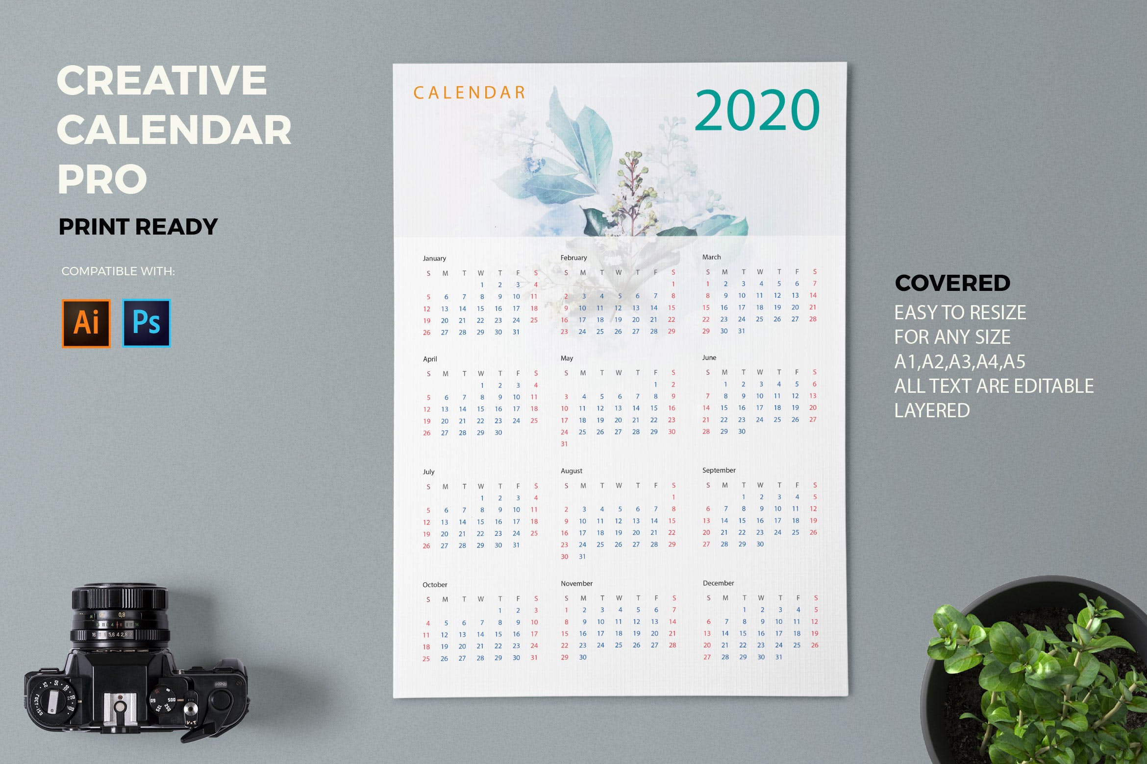 水彩手绘风格2020年历日历设计模板素材 Creative Calendar Pro 2020插图