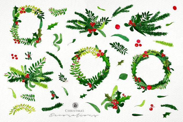圣诞装饰绿色花环水彩插画素材 Watercolor Christmas Decorations插图5