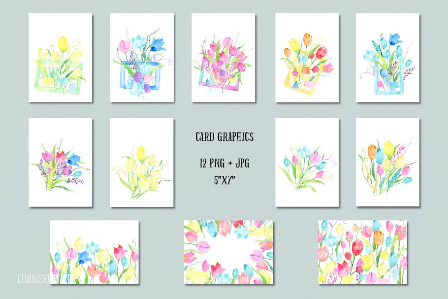 彩虹郁金香水彩插画设计套装 Design Kit Rainbow Tulip插图(3)