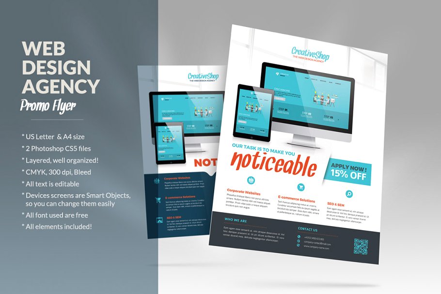企业机构简易宣传传单模板  Web Design Agency Flyer插图1