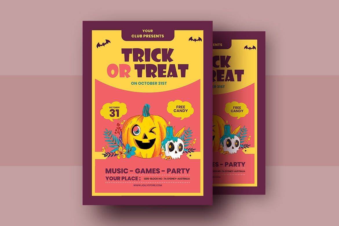 万圣节不给糖就捣乱节日活动宣传海报设计模板 Trick Or Treat Halloween Candy Festival Flyer插图(1)