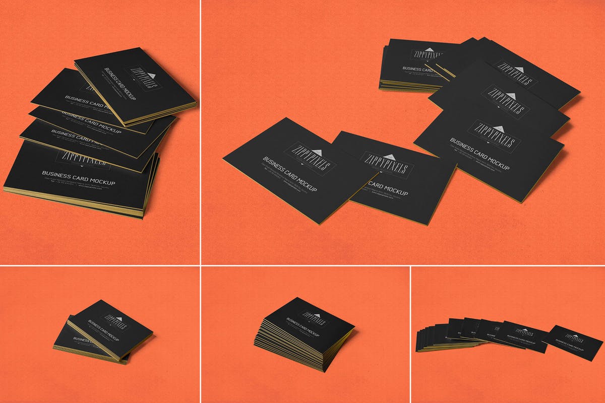 商业品牌/个人名片堆叠视图样机模板 5 Business Card Mockups In Stacked View插图