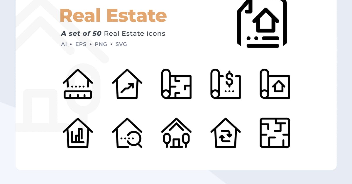 50枚房地产销售租赁主题线条图标素材 Smoothline – 50 Real Estate icon set插图