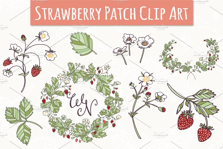 草莓色植物花卉矢量图形 Strawberry Patch Clip Art & Vectors插图