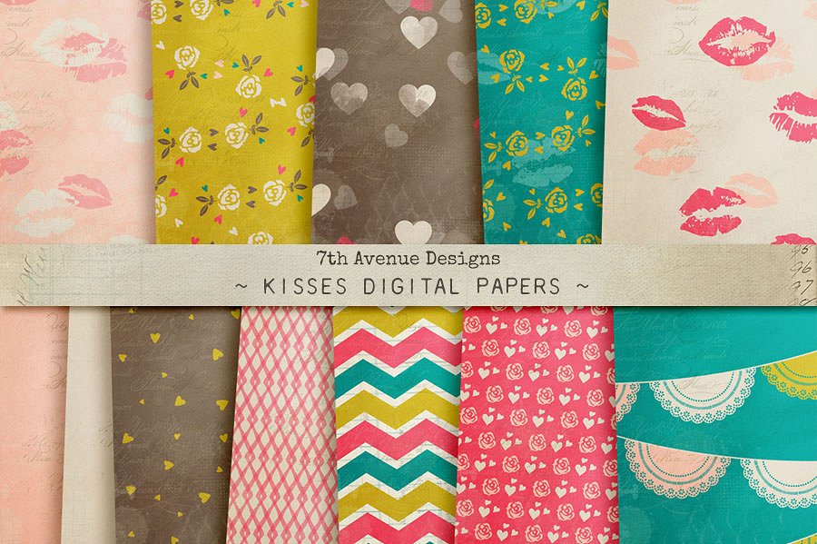 浪漫爱情主题纸张印花图案设计素材 Kisses Digital Papers插图
