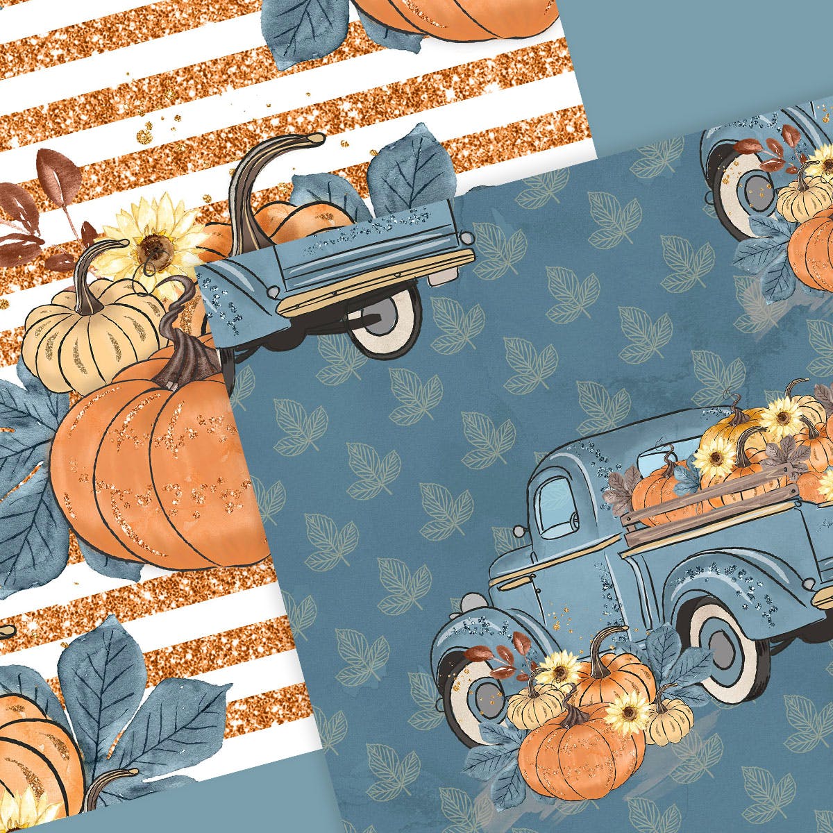 蓝色水彩手绘南瓜车数码纸张图案设计素材 Pumpkin Truck Blue digital paper pack插图1
