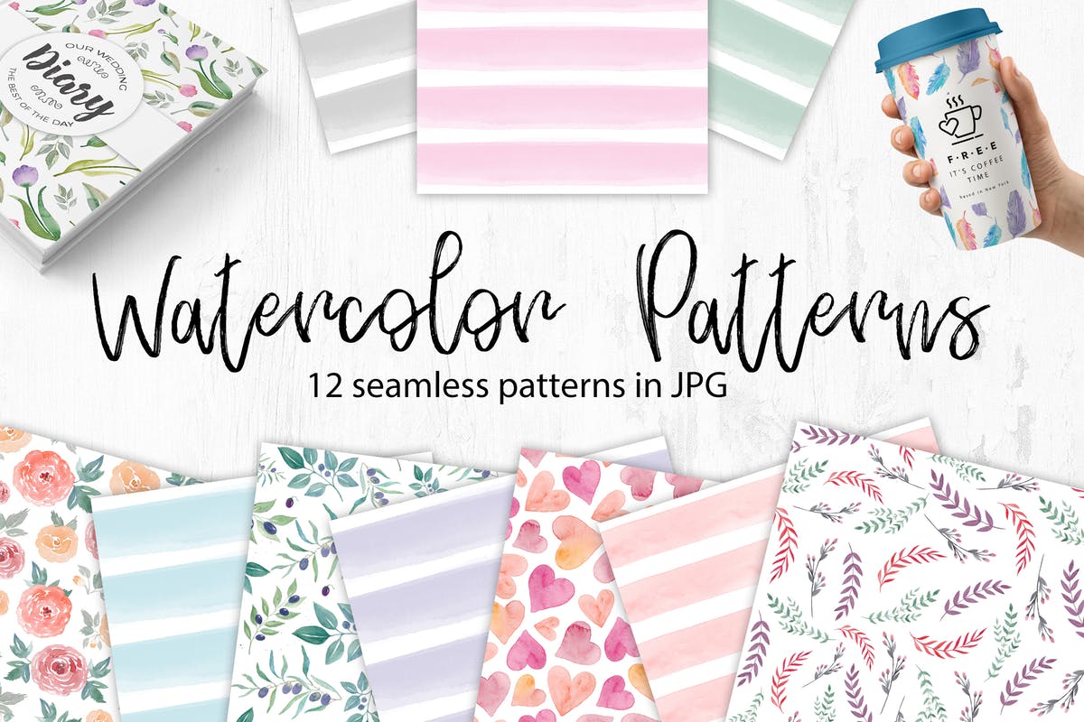 花卉&条纹水彩无缝图案 Watercolor Seamless Patterns. Flowers and stripes插图