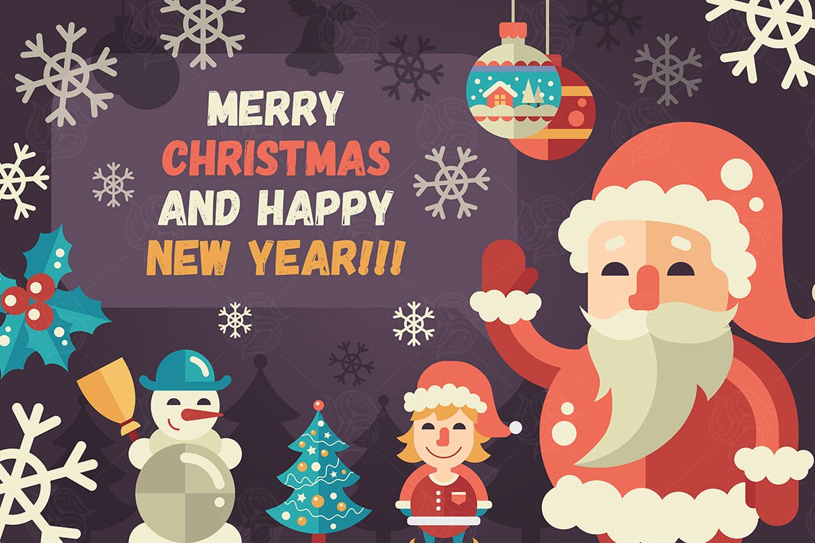 圣诞节&新年贺卡矢量手绘模板 Merry Christmas, Happy New Year Greeting Card插图