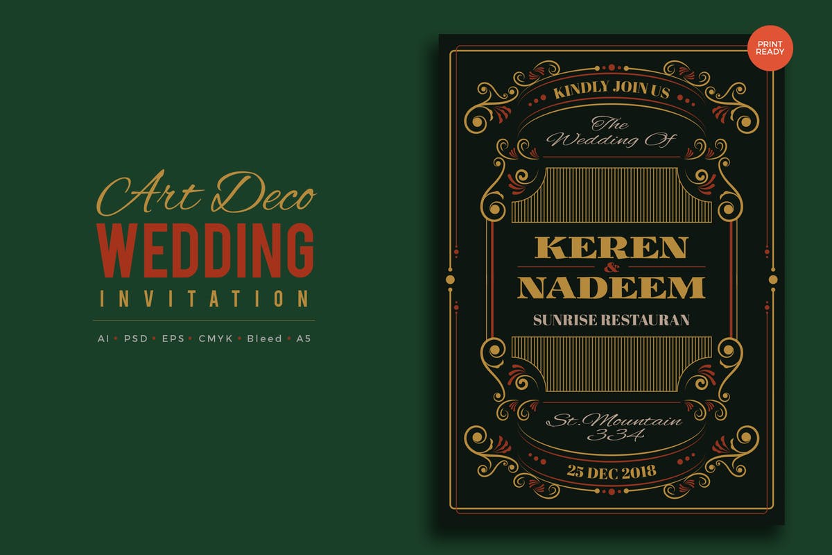 艺术装饰婚礼邀请函PSD设计模板v9 Art Deco Wedding Invitation PSD And Vector Vol.9插图