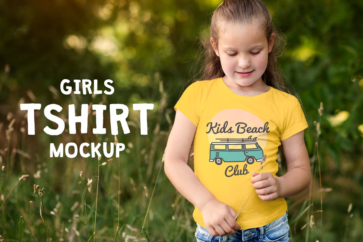 女童T恤可爱印花设计样机模板 Girls T-shirt Mock-up插图