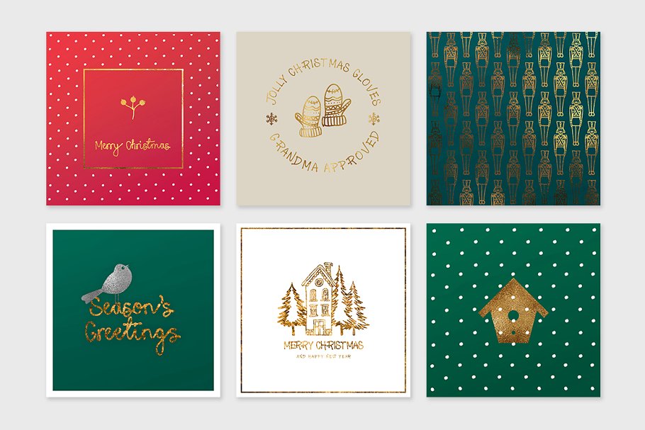 圣诞节贺卡模板+元素合集 Christmas Square Cards + Bonus插图5